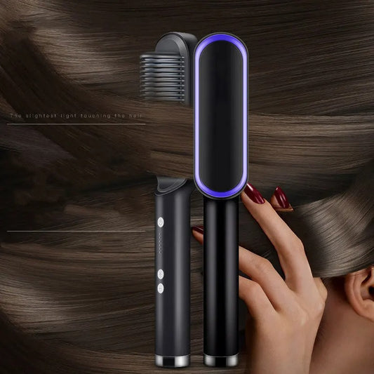 2-in-1 Electric Hair Straightener & Curler Brush – Quick Styling for Girls