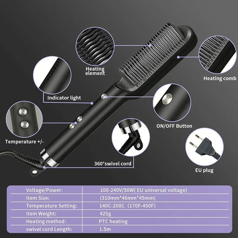 2-in-1 Electric Hair Straightener & Curler Brush – Quick Styling for Girls