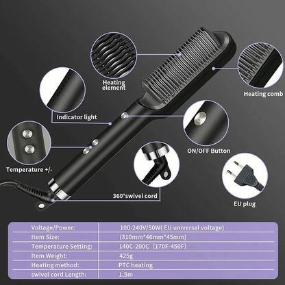 2-in-1 Electric Hair Straightener & Curler Brush – Quick Styling for Girls